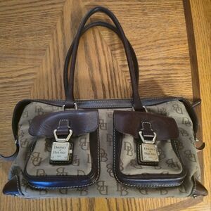 Dooney & Bourke Double Pocket w/ Locks Leather / Signature Canvas Satchel Purse